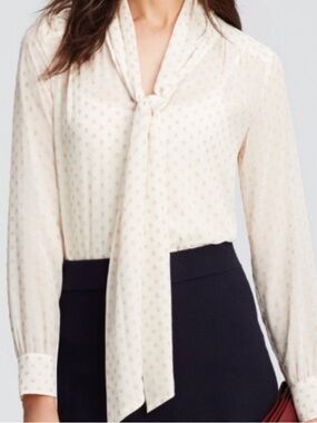 AnnTaylor factory petite M IvoryPolka dot tie neck Blouse semi sheer work top